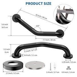 16 Inch Angled Shower Grab Bar Black, Munzong 2 Pack Anti Slip Bathroom Grab Bar, Knurled Bathroom Balance Bar,Safety Hand Rail Support Handicap Elderly Injury Senior Assist Bath Handle-1.25” Tube