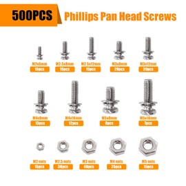weideer 500Pcs Nut and Bolt Assortment Kit,M2 M2.5 M3 M4 M5 Machine Screws, 304 Stainless Steel Combination Screws for Electronics,Motorcycle,DIY Projects K-188