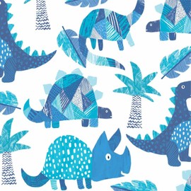 Cream Colourful Dinosaur Cotton Fabric, 44" Wide 100% Cotton Kids Printed Cotton Fabric (Blue Dinos on White, Metre)