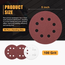 CoCud 90 Pack 5 Inch Sanding Disc 100 Grit 8 Hole Round Hook and Loop Sandpapers Fit for Random Orbital Sander Automotive or Cars Repairing, Grinding or Polishing, Red