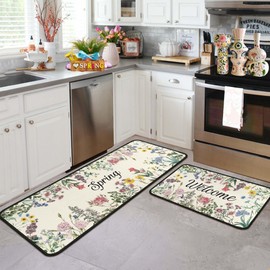 Spring Kitchen Rugs and Mats for Floor, Spring Decorations for Home, 2 Pcs Non-Slip Backing Spring Summer Mat, Spring Decor Holiday Kitchen Rug Sets with Runner (Spring 02, 17"x47.2"+17"x30")