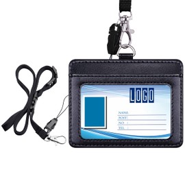 Wisdompro Horizontal ID Card Holder, PU Leather, Double-Sided, Adjustable, Neck Strap Included, Employee ID Card, Name Card, Pass Case, Black