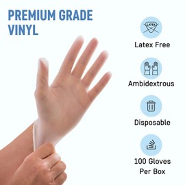 Clear Vinyl Gloves - Pack of 100, Latex-Free, Powder-Free, Multi-Purpose, Extra Strong for Medical, Food Handling, Cleaning - Disposable Surgical Gloves