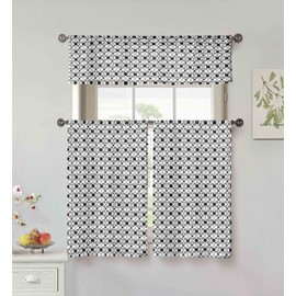 Vera Neumann Oralie Floral Trellis Printed Kitchen Tier & Valance Set | Small Window Curtain for Cafe, Bath, Laundry, Bedroom, Black