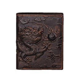AurexaFashion Genuine Real Leather Short Bifold Wallet for Men, RFID Blocking 3D Animal Print Retro Vintage Embossed Clutch Purse. Vertical Dragon King Coffee