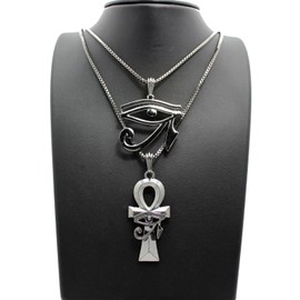 Polished Egyptian Ankh, Eye of Heru Pendant 24",30" Box Chain 2 Necklace Set Hematite Tone (Hematite / 24"+30" Box Set)