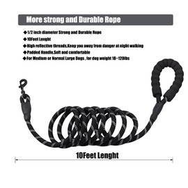 PETESCORT 6FT/10FT Strong Dog Leashes with Comfortable Padded Handle and Highly Reflective Threads for Small Medium and Large Dogs(10 Feet x1/2'' (Pack of 1), Black)