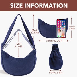 LOCCY Crossbody Bag Women's Corduroy Half Moon Bag Women's Corduroy Plain Halfmoon Bag Cord with Adjustable Shoulder Strap for Women Travel, darkblue