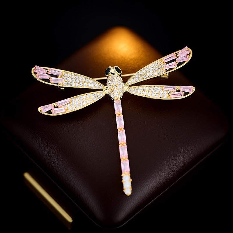 Dragonfly Brooch For Women, Pink & Clear Crystal Gold Tone
