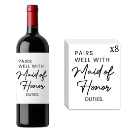 FBCCZEY 8 Pcs Maid of Honor Wine Labels, Bridesmaid Proposal Gifts, Wedding Engagement Gift for Maid of Honor Bridesmaid Wine Label, Pairs Well with Maid of Honor Duties Wine Bottle Stickers Labels