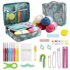 JOZEA 58pcs Crochet Kits, Including 9 Pieces of Crochet Hooks, Yarn and Storage Case, Crochet Hooks Set, Crochet Accessories and Knitting Accessories, for Beginners, Dark Green