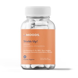 Moods | Shields Up! | Immune - Multivitaminico para protegerte y elevar tu energía mental - Vitaminas C, D, B12, Jengibre, Cúrcuma, Zinc, Resveratrol, Piperina, Lions Mane y Shiitake - 100% Natural y Vegano - 60 Cápsulas para 30 días