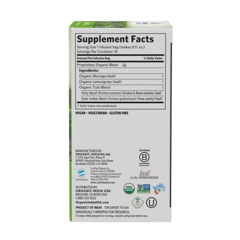 ORGANIC INDIA Tulsi Moringa Tea Bags- Holy Basil, Lemongrass, Moringa