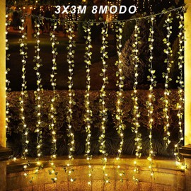 NICLY 3Mx3M Cortina de Luz LED USB con Hiedra Artificial, Cortina de Hojas Artificiales con 300 Luces Led, Guirnalda de Luces Impermeable 8 Modos con Control Remoto Decoración para Navidad Boda Jardín