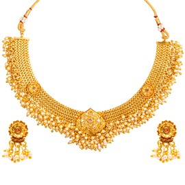 bodha Traditional Indian Handcrafted Antique Gold Plated Jewellery Clustered Hanging Pearl Necklace With Matching Earring For Women (SJN_86)