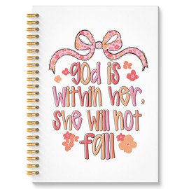 ROXMART Coquette Preppy Bow Christian Spiral Notebook, God is Within Her She Will Not Fall Bible Journal, Christian Gifts for Women, Religious Scripture Prayer Journal Notebook, 5.5x8.3 Inch