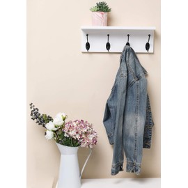 SANY DAYO HOME Wall Mounted Pine Wood Coat Rack with Shelf and 4 Heavy Duty Two-Prong Hooks for Entryway, Kitchen, Bathroom, Bedroom, Laundry (16 x 5 x 4 inches, White)