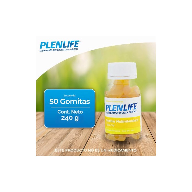 PLENLIFE Multivitamínico en gomitas sin azúcar sabor piña, 50 unidades