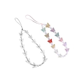 2PCS Colorful Butterfly Beaded Cell Phone Lanyard Strap Charms Handmade Imitation Pearl Wristlet Keychain Anti-Lost Mobile Phone Chain-White&Colorful