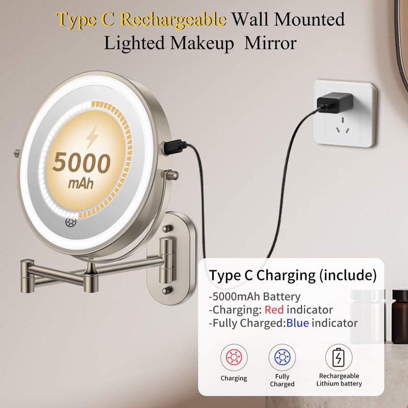 FUNTOUCH 3X/20X Wall Mounted Lighted Makeup Mirror,5000mAh Rechargeable Double Sided