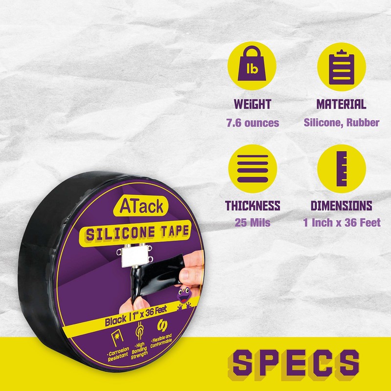 ATack Silicone Self-Fusing Tape, 1-Inch x 36-Foot (Black) Waterproof Professional