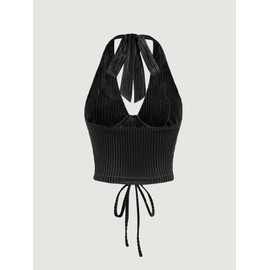 Verdusa Women's Going Out Halter Corset Tops Sleeveless Lace Up Open Back Crop Top Black Medium
