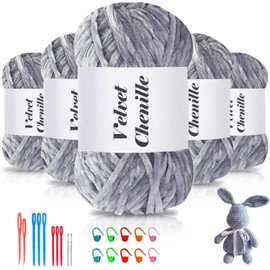Maxee 500g(5×100g) Samtig Babywolle, Samt Chenille Garn mit Häkelwerkzeuge, Kuschelweich Velvet Chenillegarn Flauschige, Weich Plüschwolle Häkelgarn Wolle zum Stricken & Häkeln-Hellgrau