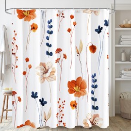 Gibelle Watercolor Floral Shower Curtain, Retro Orange Navy Flower Shower Curtain for Bathroom, Modern Minimalist Aesthetic Waterproof Fabric Shower Curtain Set with Hooks 72x72 Inch