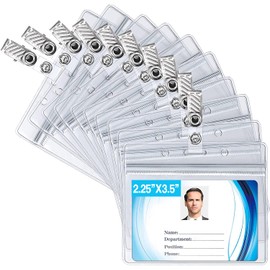 ID Badge Holder with Metal Badge Clips – Waterproof Sealable Clear Plastic Horizontal ID Card Holder for Work ID, Key Card, Driver’s License (Horizontal 10 Pack)