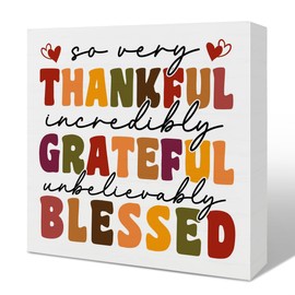 Thankful Grateful Blessed Christian Thanksgiving Wood Box Sign Home Decor, Farmhouse Fall Wooden Sign Desk Decor, Thanksgiving Decorations for Home Office Kitchen Bedroom Bathroom