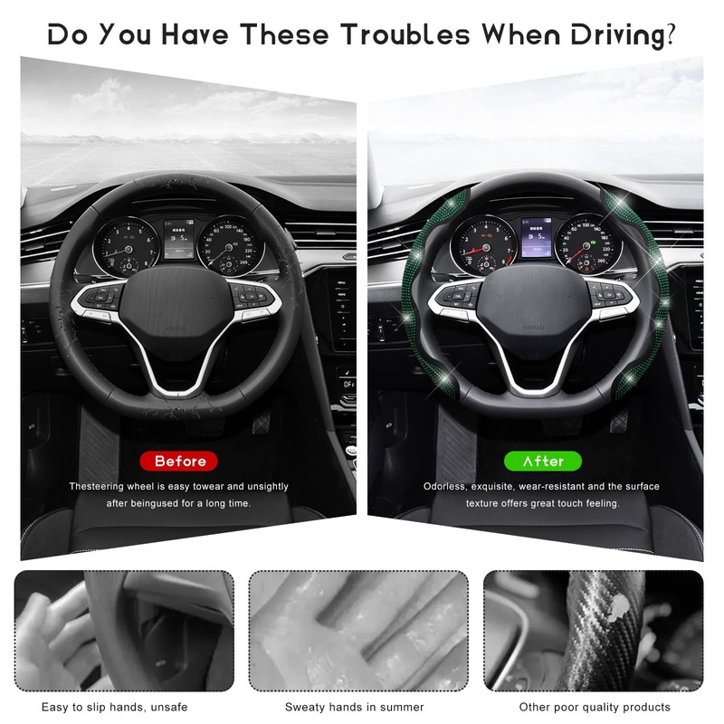 Gdnecad 2 PCS Steering Wheel Covers, Bling Rhinestones Steering Wheel