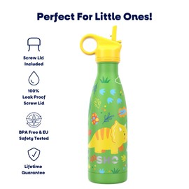 SHO Kids Bottle - Ultimate Insulated, Double Walled Stainless Steel Vacuum Flask & Water Bottle - 12 Hours Hot & 24 Hours Cold - 260ml, 375ml - BPA Free (Dinosaurs with Straw Lid, 375ml)