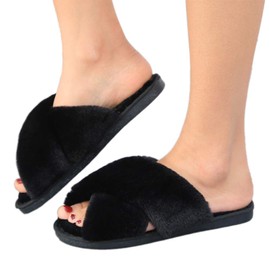 LZLER Women Fuzzy Fluffy Furry Slippers Fur Flip Flop Open Toe Slippers Cross Band Shoes Slides for Ladies House Home Indoor Outdoor(Black,5)