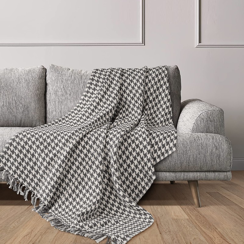 EHC Cotton Houndstooth Throw Blanket For Bed Sofa Couch Arm