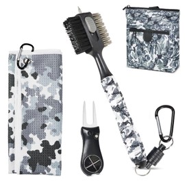 HUAEN Golf Club Cleaning Kit Golf Accessories Kit,Divot Repair Tool with Golf Ball Marker,Golf Club Brush with Groove Cleaner,Golf Pouch, Golf Towel (Grey)