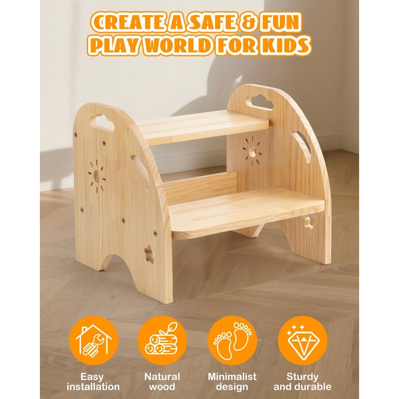Wooden Toddler Step Stool for Kids - Non Slip 2