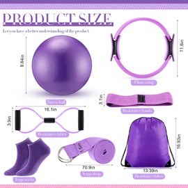 Poen 14 Pcs Home Pilates Kit for Women Pilates Equipment Ring and Ball Set with Stretching Strap 8 Resistance Bands Non Slip Socks Gym Back Bags Exercise Equipment for Workout (Purple)