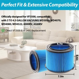 2 Pack VF3500 Replacement Filter for Ridgid Wet Dry Vac, 3-Layer Fine Dust Filter Compatible with WD4070 WD4522 WD4050 WD3050 WD4080 4000RV 4500RV Vacuum, Washable & Reusable