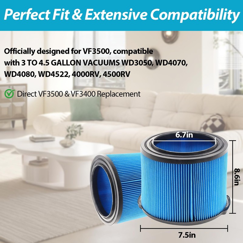 2 Pack VF3500 Replacement Filter for Ridgid Wet Dry Vac,