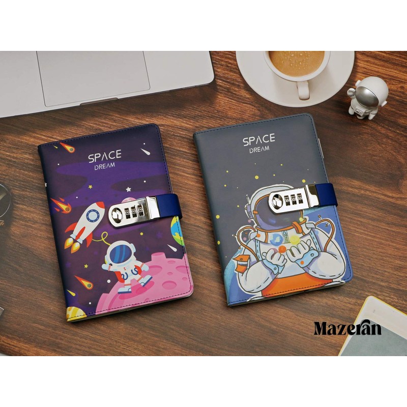 Mazeran Combination Lock Journal, PU Leather Hard Cover Space Astronaut