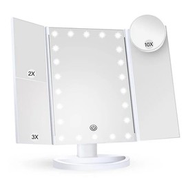 Roying Makeup Mirror Vanity Mirror with Lights, 2X 3X 10X Magnification, Trifold Lighted Makeup Mirror, Touch Control, Dual Power Supply, Portable LED Vanity Mirror for Women Gift - White