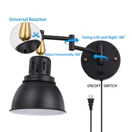 TRLIFE Plug in Wall Sconces, Dimmable Wall Sconces Set of 2 Retractable Swing Arm Wall Mounted Light with 6FT Plug in Cord and Dimmer On/Off Switch, E26 Base, UL Listed