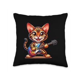 Bengal Kitten Funny Guitarist Tees Bengal Cat Guitarist-Electric Guitar Feline Star Throw Pillow, 16x16, Multicolor