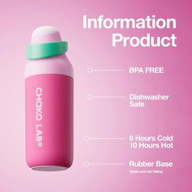 CHAKO LAB - Botella de agua de acero inoxidable aislada, botella de agua deportiva sin BPA, boquilla y popote, tapa de bloqueo a prueba de fugas, diseñada para viajes, escuela y deportes, sin BPA, 18