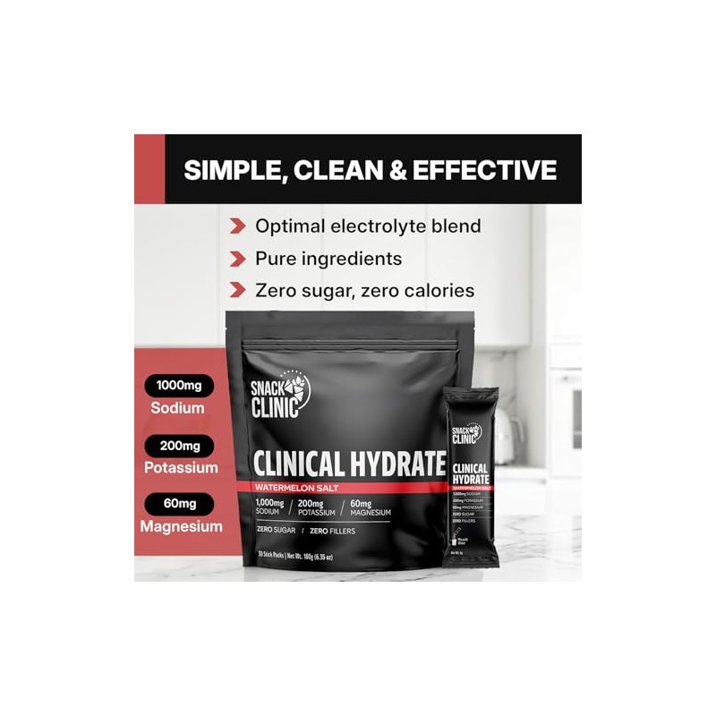 Polvo de electrolitos Clinical Hydrate, sabor a sandía y sal,