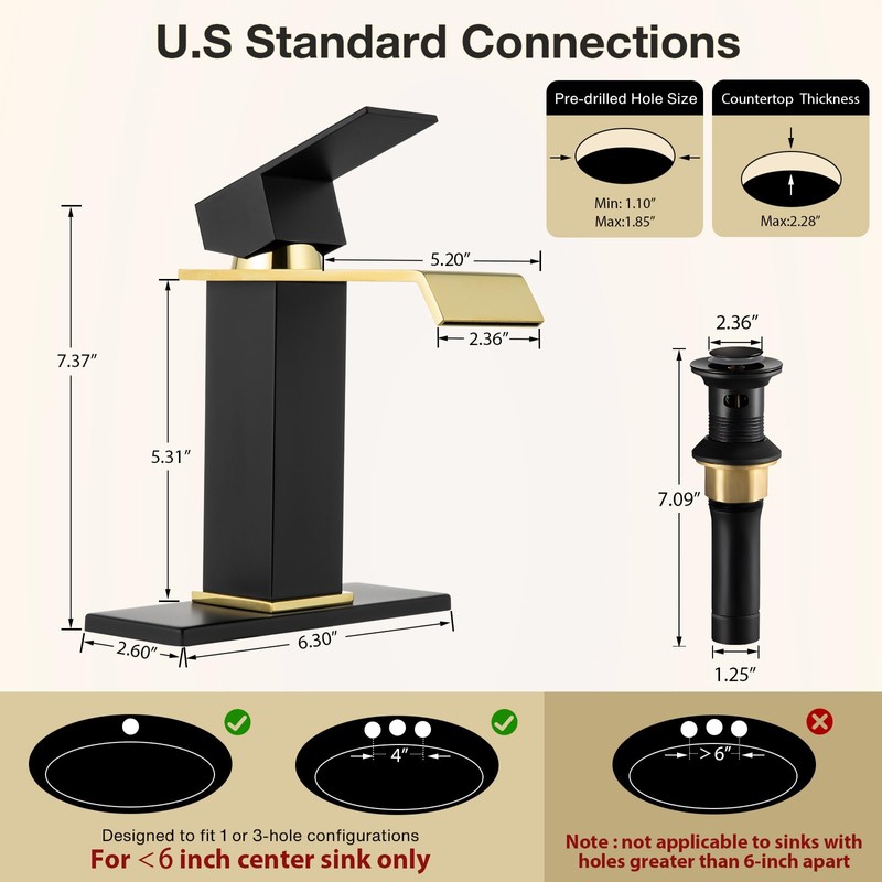 Bathroom Sink Faucet, Black and Gold Color, Waterfall Style, SUS304