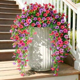 5PCS Artificial Faux Hanging Flowers Plants for Outdoor Decor,Fake Silk Daisy Flowers with Eucalyptus UV Resistant Realistic Vines for Home Porch Patio Balcony Yard Decor (Hot pink Fuchsia)