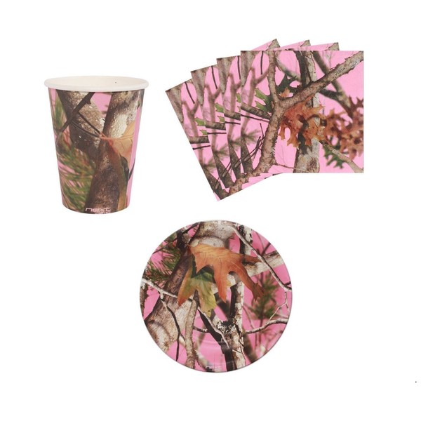 Pink Next Camo Camping Birthday Party Supplies Set Plates Napkins Cups Kit for 8