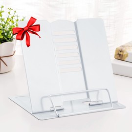 Desk Book Stand, Metal Reading Rest Book Holder Adjustable Cookbook Document Holder Bookrest Portable Sturdy Lightweight Bookstands for Recipes Textbooks Tablet Music Books with Page Clips (White)