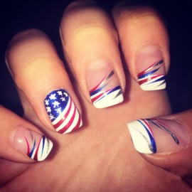Independence Day Press on Nails Short Square Red Blue White Tricolors Stripe French False Nails Flag Design July 4 Fake Nails Artificial Acrylic Nails Full Cover Coffin Nails Glue on Nails for Women